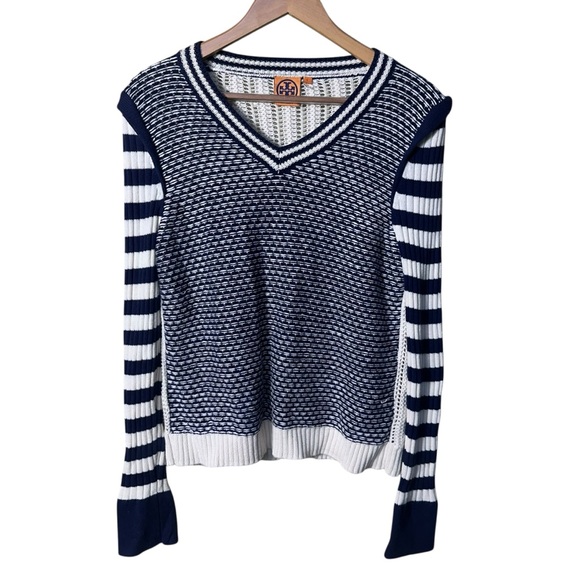 Tory Burch Alarice V Neck Cotton Sweater Size Large - Picture 2 of 8